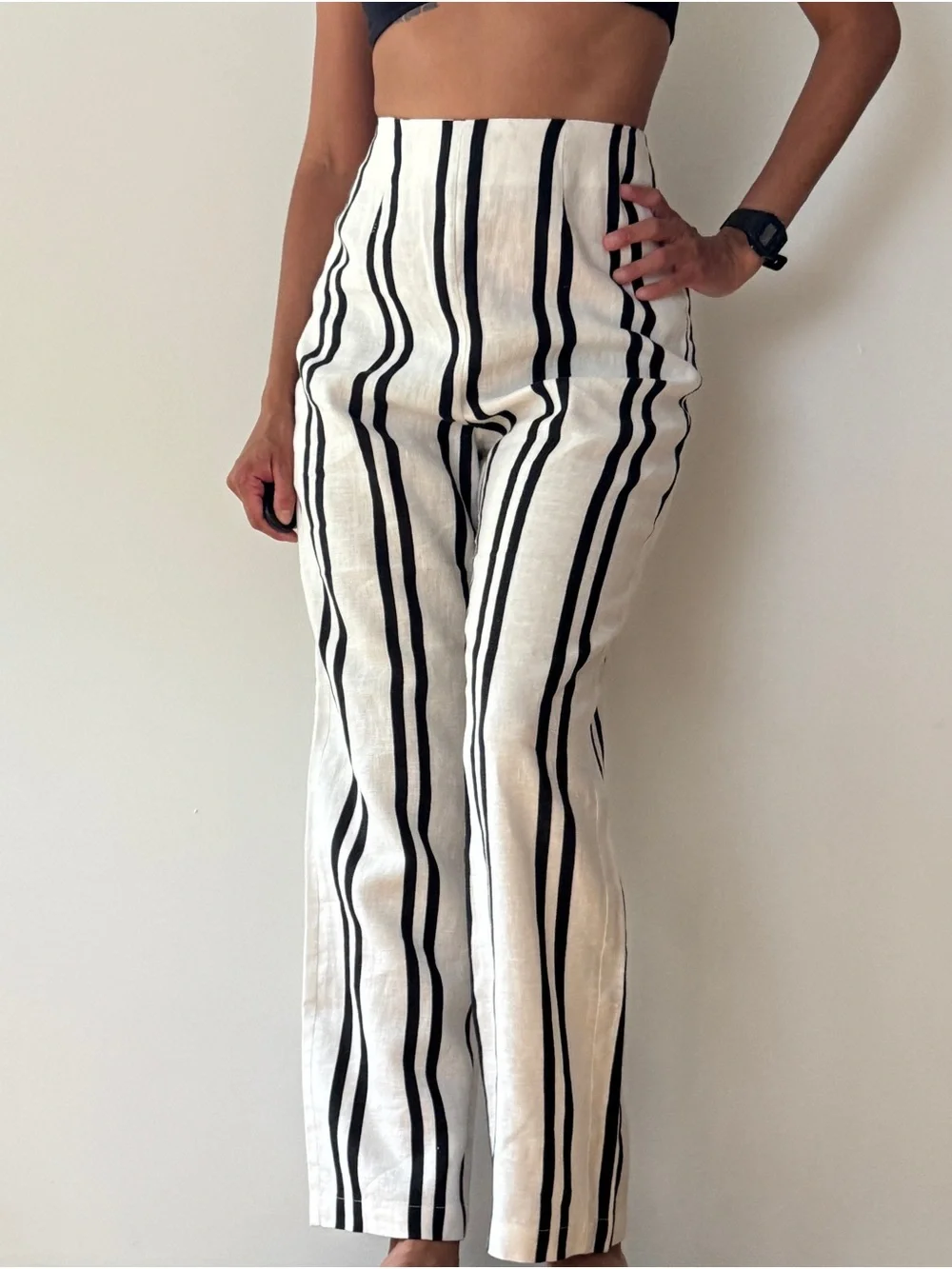 Reformation Black & White High-Waist Wide Leg Linen Pants